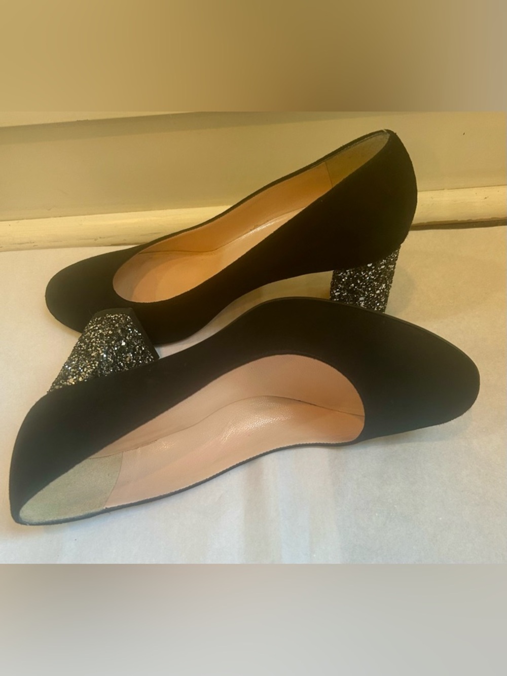 kate spade Black Suede Pumps with Silver Glitter Block Heel